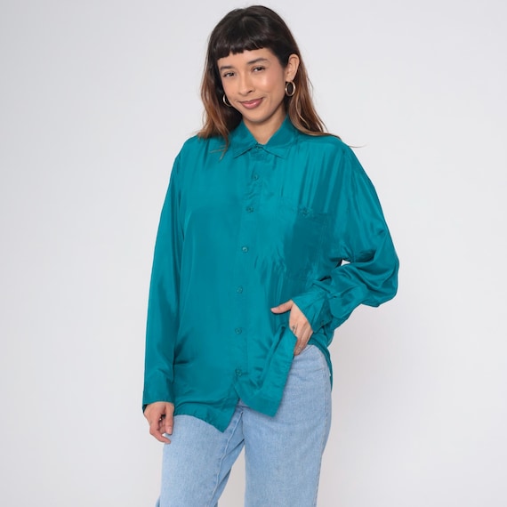 Vintage Teal Silk Blouse 90s Button Up Shirt Blue Long Sleeve Collared Chest Pocket Plain Retro Casual Utility 1990s Women's Medium M