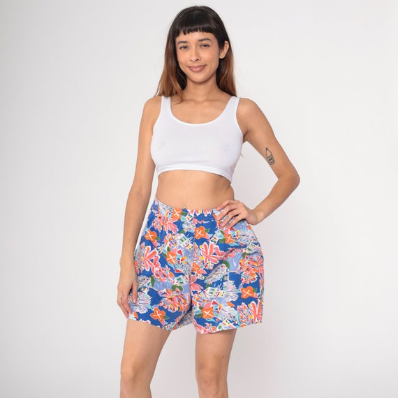 Tropical Floral Shorts 90s Bright Abstract Beach Shorts Cotton Summer Baggy Shorts Surfer High Waisted Retro Vintage 1990s Small Medium