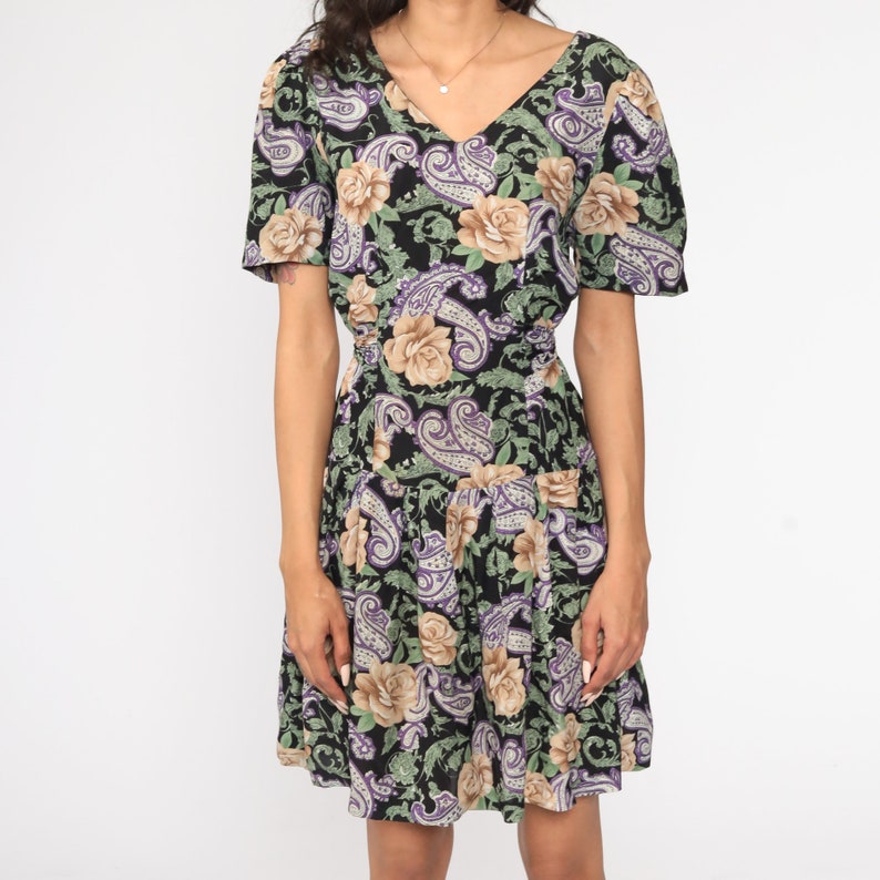90s Mini Dress Floral Paisley Print Grunge DROP WAIST Boho Purple Black Deep V Neck Vintage Short Sleeve Medium