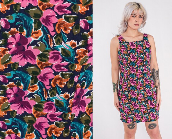 Floral Summer Dress 90s Rayon Sundress Bright Multicolored Mini Purple Sun Dress 1990s Bohemian Vintage Shift Boho Sleeveless Sheath Small S