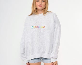Vintage Disneyland Sweatshirt 90-tals Broderad Disney-skjorta Regnbåge Musse Pigg Ljunggrå Tröja Tecknad Crewneck 1990-tals Extra Stor XL