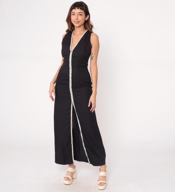 70s Black Party Dress White Sequin Beaded Trim Sleeveless Evening Gown Disco Vintage Fitted Form Fitting Cocktail Column Medium M