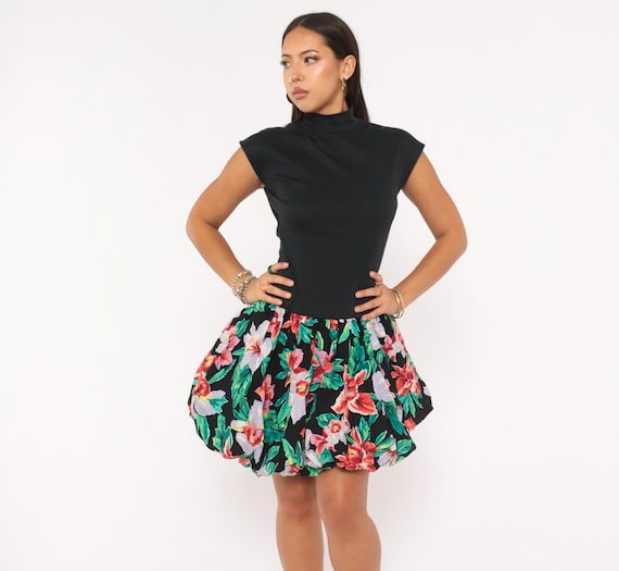 80s Floral Bubble Mini Skirt Dress Mock Neck Cap Sleeve Cotton Black Red Tropical Fitted Bodice Drop Waist Party Flower Vintage Small S