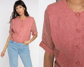 Coral White Striped Shirt 80s Button Up Shirt Sheer Woven Crop Top 1980s Short Sleeve Blouse Preppy Vintage Cropped Top Medium
