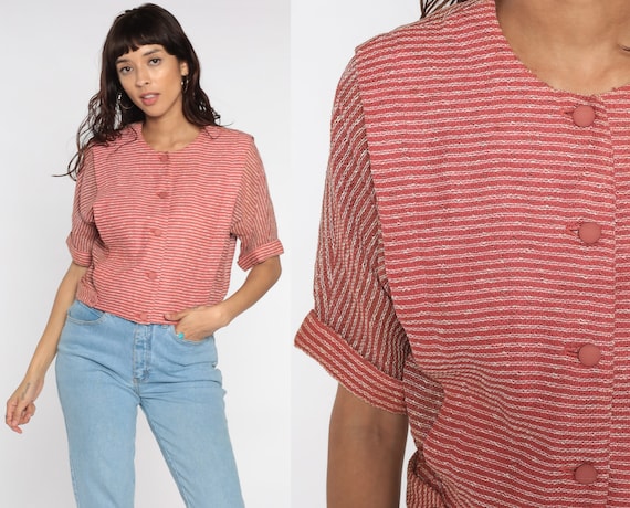 Red White Striped Shirt 80s Button Up Shirt Sheer Woven Crop Top 1980s Short Sleeve Blouse Preppy Vintage Cropped Top Medium