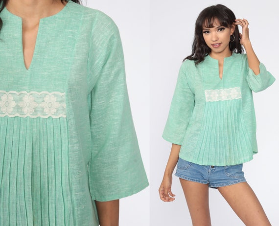 Boho Blouse Mint Green Bell Sleeve Cotton Gauze T… - image 1