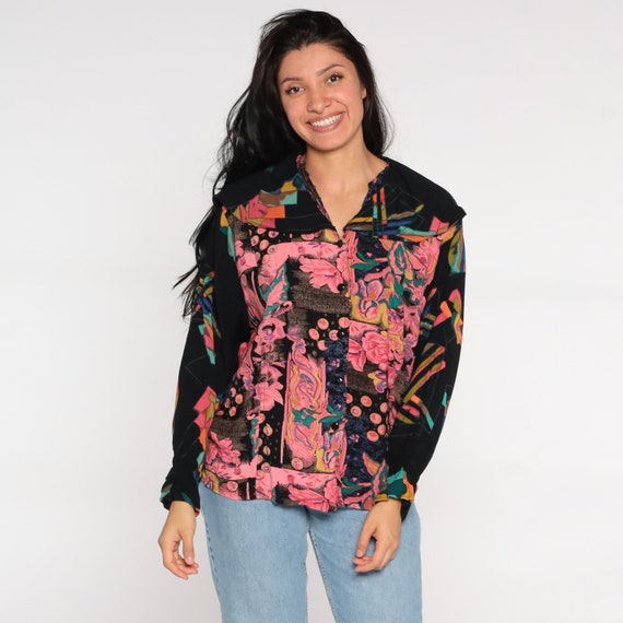 Black Floral Blouse 90s Button Up Shirt Pink Geometric Shirt Long Sleeve Top Grunge Boho 1990s Vintage Bohemian Oversized Large L