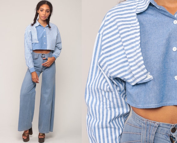 Crop Top Striped Shirt Chambray Shirt Button Up Blouse Long Sleeve 80s Cropped Shirt Blue White Vintage Small