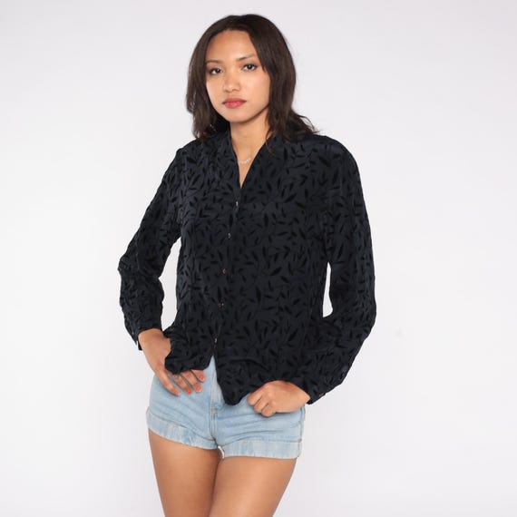 Black Silk Blouse 90s Long Sleeve Button Front Leaf Print Botanical Pattern Corporate Goth Dark Academia Minimalist Office Siren Medium M