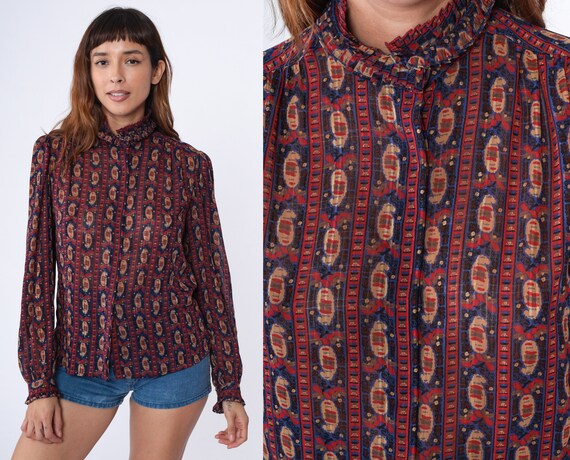 Paisley Shirt 80s Puff Sleeve Blouse Ruffle Collar Button Up Shirt Long Sleeve Top Boho 1980s Semi-Sheer Blue Red Vintage Secretary Medium 8