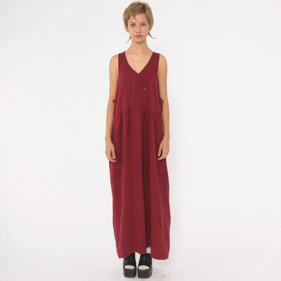 90s Burgundy Maxi Dress Sleeveless V Neck Double Breasted Button Front Drop Waist Wine Maroon Jumper Pinafore Long Tank Vintage Medium M