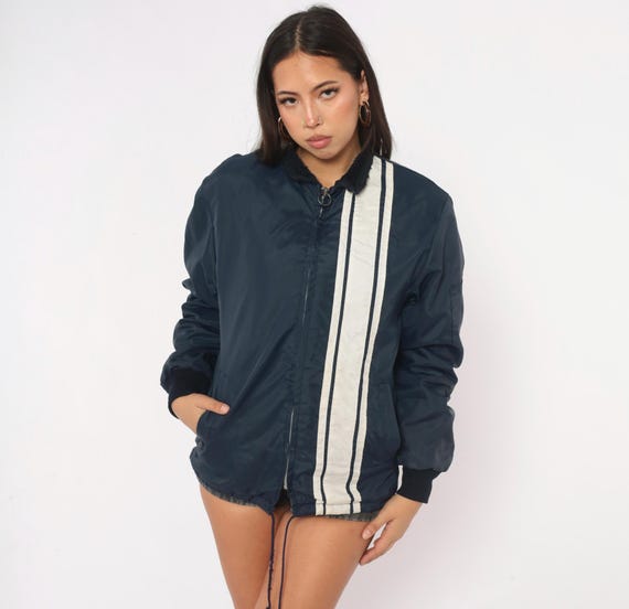 70s Racing Bomber Jacket White Stripe Sporty Fleece Collar Ribbed Cuffs Windbreaker Coat Sleeve Pocket Unisex Mens Womens Vintage Medium M