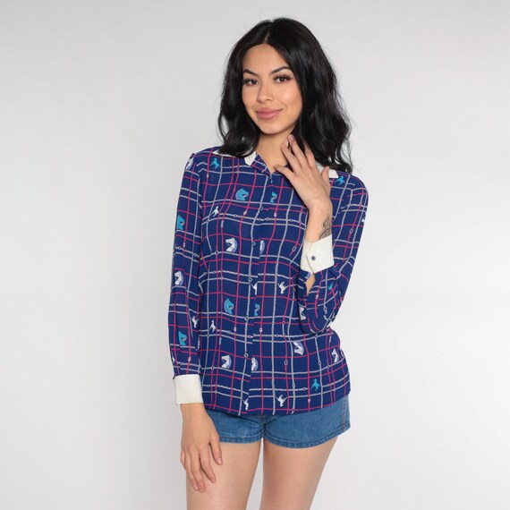 Horse Print Shirt 80s Navy Blue Button Up Blouse Retro Checkered Chain Print Top Long Sleeve Horses Pattern Collared Vintage 1980s Small S