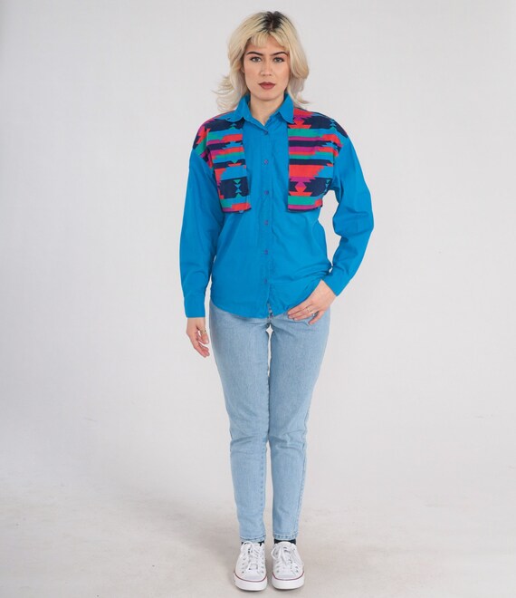 Vintage Wrangler Shirt Y2k Blue Southwestern Button Up Shirt Geometric Western Yoke Long Sleeve Attached Vest Rodeo Cowboy 00s Medium M