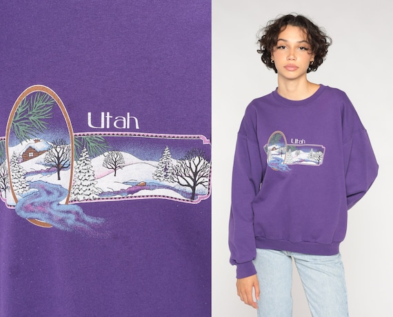 Utah Sweatshirt 90s Winter Sweatshirt Snowy Cabin Graphic Pullover Crewneck Sweater Purple Retro Tourist Travel USA 1990s Vintage Large L