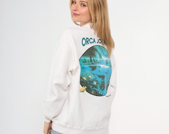 Sudadera con estampado gráfico de ballena hawaiana de los 90, estilo viaje de orcas, holgada, cuello redondo, estilo orca, estilo vintage de los 90, talla mediana