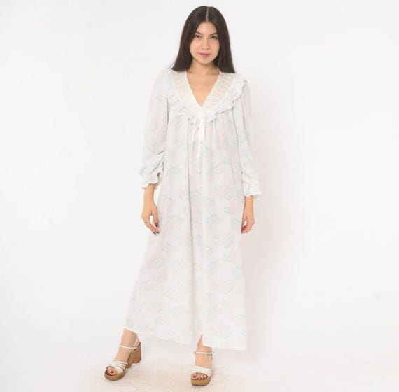 Floral Lace Robe 90s Nightie Sheer Maxi Eyelet Collar Puff Sleeve Housecoat Pastel Pink Teal Loungewear Cottagecore Pajama Muumuu Medium M