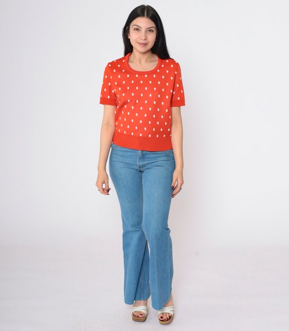 Vintage 70s Polka Dot Knit Top 1970s Red White Short Sleeve Sweater Top Round Scoop Neck Retro Mod Small Medium