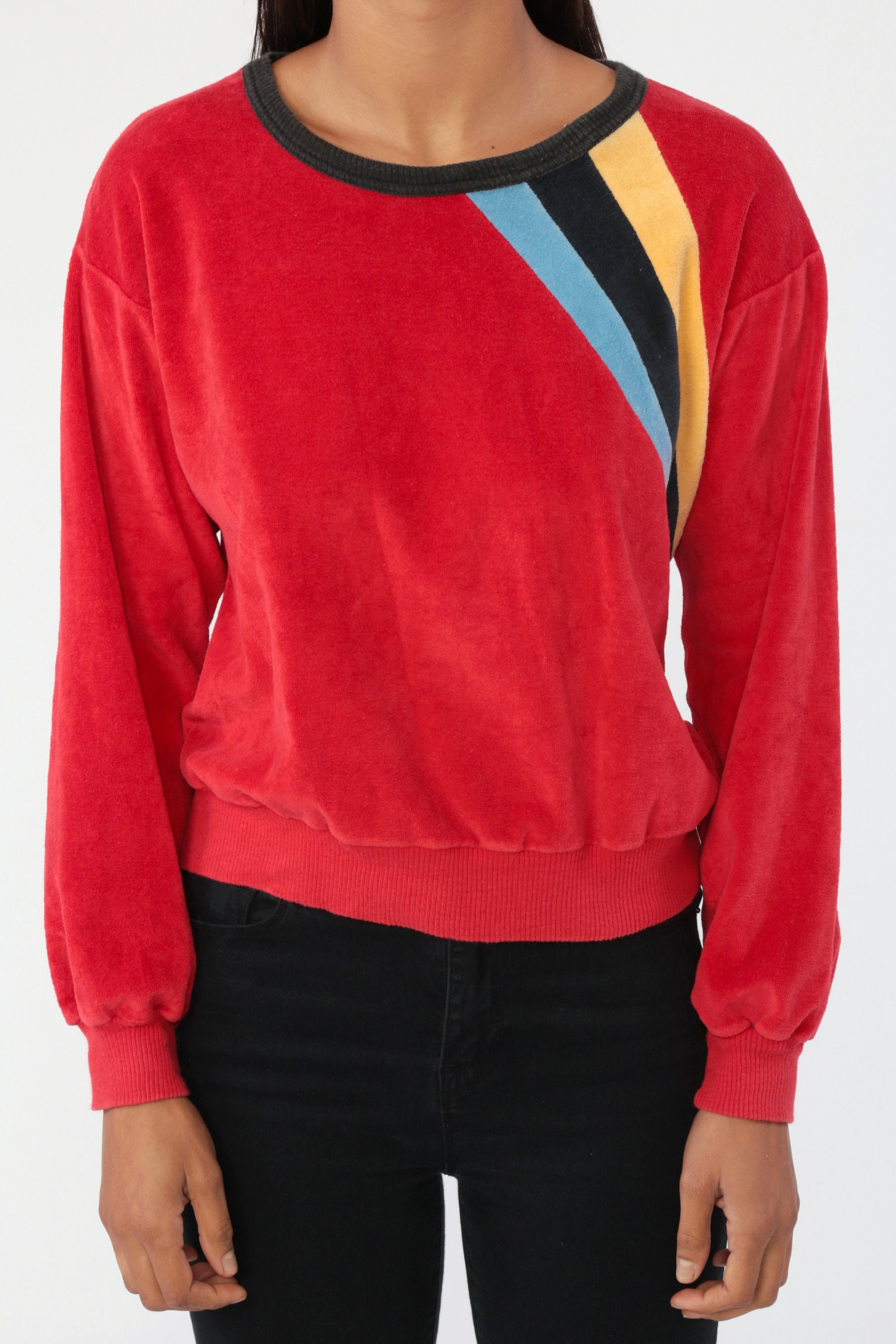 Red Velour Sweatshirt 80s Sweatshirt Striped Sweatshirt Long Sleeve