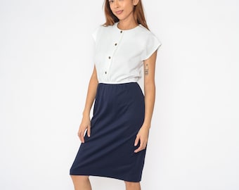 80s Button Up Dress Navy Blue White Midi Dress Shirtdress Cap Sleeve High Waisted Pencil Secretary Sheath Plain Vintage 1980s Small S