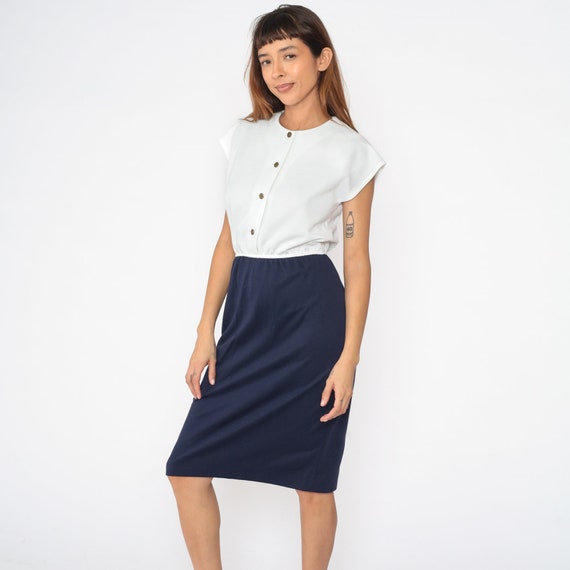 80s Button Up Dress Navy Blue White Midi Dress Shirtdress Cap Sleeve High Waisted Pencil Secretary Sheath Plain Vintage 1980s Small S