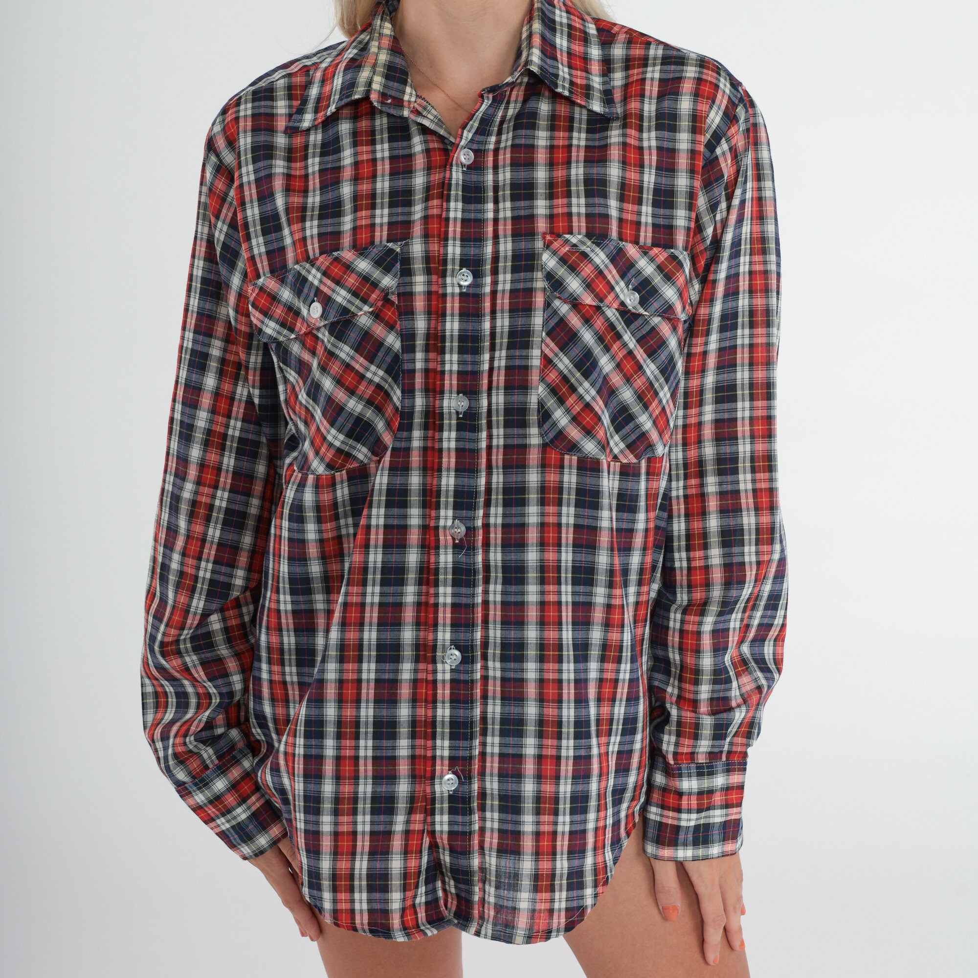 80s Plaid Shirt Flannel Button up Shirt Retro Red White Blue - Etsy