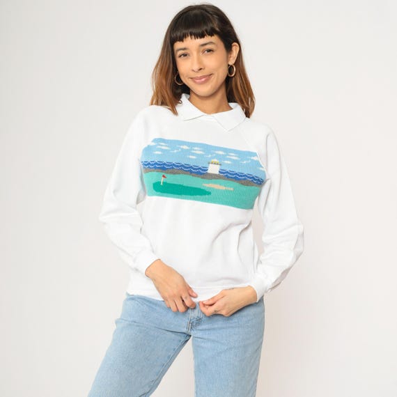 Vintage 90s White Golf Sweatshirt Lighthouse Scene Knit Panel Collared Pullover Hanes USA 1990s Small S