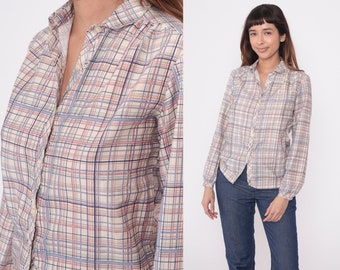 80s Plaid Blouse Pastel Button Up Shirt Checkered Print Long Sleeve 1980s Top Vintage Cream Lavender Pink Small S