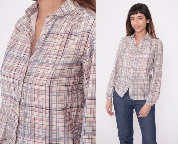 80s Plaid Blouse Pastel Button Up Shirt Checkered… - image 1