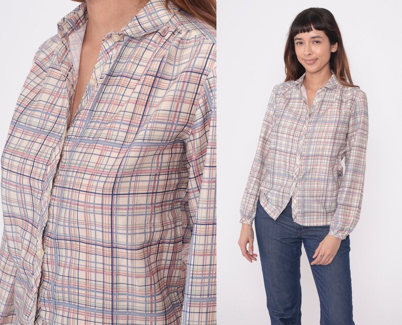 80s Plaid Blouse Pastel Button Up Shirt Checkered Print Long Sleeve 1980s Top Vintage Cream Lavender Pink Small S image 1
