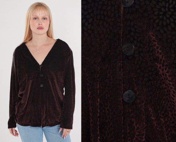 Velvet Burnout Blouse Y2K Button up Top Wine Dark Purple Long Sleeve V Neck Shirt Animal Leopard Print Party Formal Witchy Vintage 00s XS