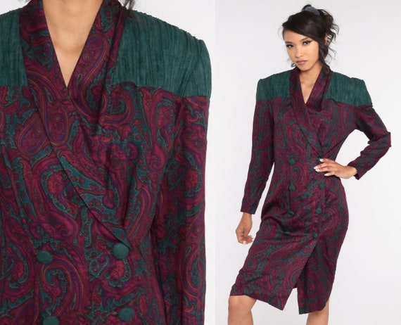 Paisley Sheath Dress 80s Double Breasted Button Up Wiggle Dress Cocktail Psychedelic Print Hourglass 1980s Fitted Party Vintage Midi Small