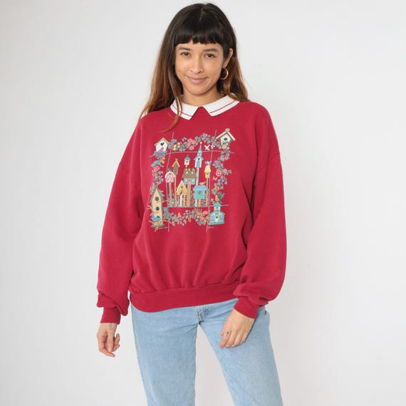 90s Bird Sweatshirt Red Morning Sun Collared Sweatshirt Birdhouse Graphic Jumper Slouch Cute Grandma 1990s Kawaii Vintage Extra Large xl
