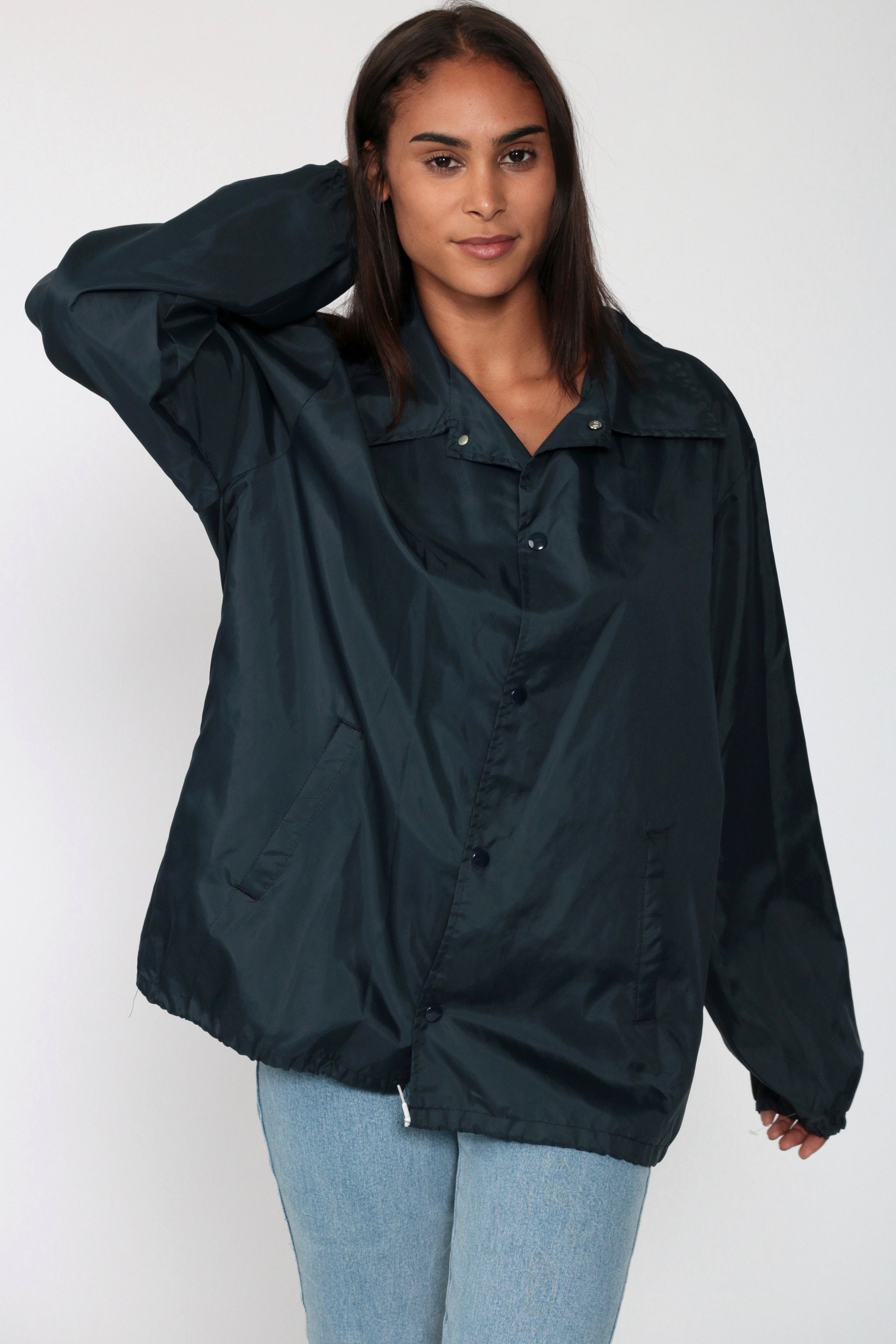 Navy Baseball Jacket 80s Nylon Jacket Blue Sportswear Windbreaker Snap