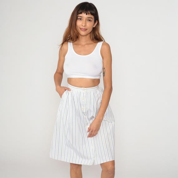 Striped Pleated Skirt 90s White Blue Cotton High Waisted Preppy Tennis Vintage Summer Collegiate School Girl Yacht Nautical Extra Small XS