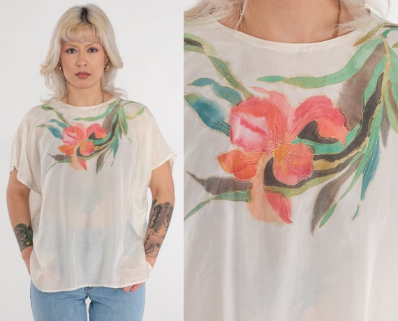 Iris Flower Top 80s Silk Floral Blouse Semi-Sheer Cream Short Sleeve Shirt Painted Flower Graphic Print Bohemian Summer Vintage 1980s Large