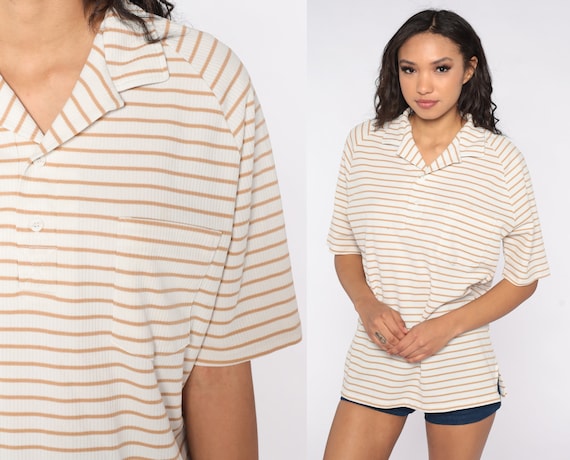 Striped Polo Shirt 70s Tan Blue Raglan Sleeve Shirt Slouchy 1970s Top Button Up Collared Shirt Vintage Large