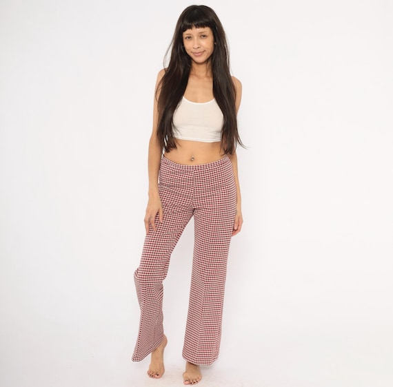 70s Houndstooth Flare Pants Burgundy Cream Low Rise Wide Leg Trousers Check Pattern Bell Bottom Vintage Slacks Plaid Academic Fall Dark