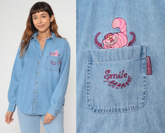Cheshire Cat Denim Shirt 90s Disney Classics Shirt Smile Alice in Wonderland Button Up Long Sleeve 1990s Vintage Blouse Oversized Medium