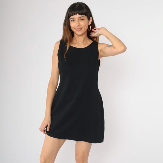 Vintage Black A-Line Dress 90s Honeycomb Textured Sleeveless Mini Scoop Neck 1990s Minimalist Mod Look Simple Plain Small Medium