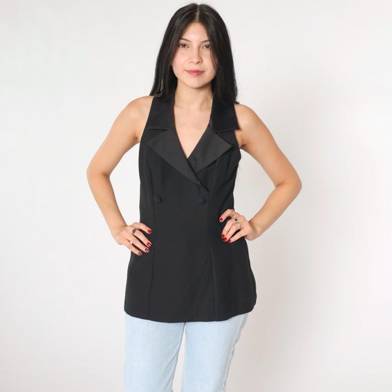 90s Black Blouse Faux Wrap Tank Top Longline Collared Shirt 1990s Sleeveless Double Breasted V Neck Evening Party Vintage Small Petite