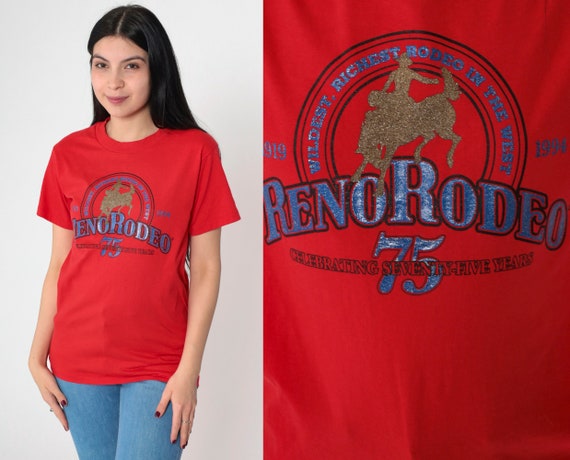 1994 Reno Rodeo Shirt 90s Glitter T-Shirt Sparkly Cowboy Graphic Tee Nevada TShirt Single Stitch Red Western Bullriding Vintage 1990s Small