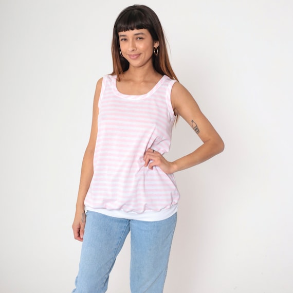 Vintage Striped Maternity Tank Top 80s Retro Shirt White Baby Pink Tee Sleeveless Top 1980s Pregnancy Slouchy Top Small Medium