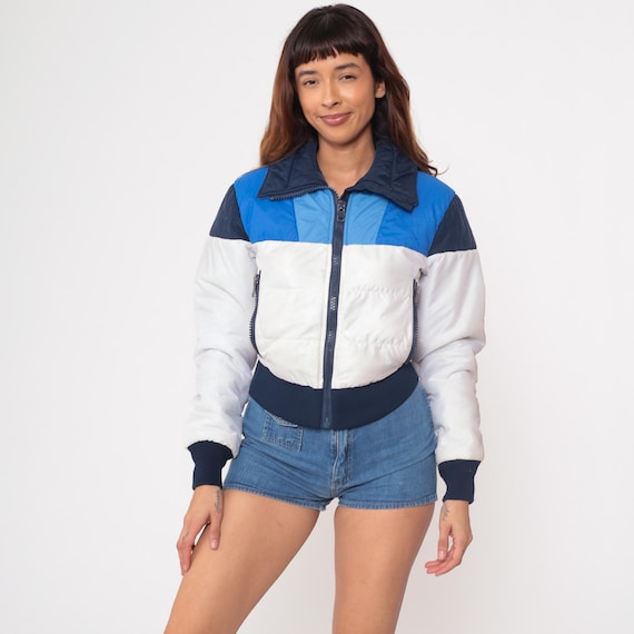 70s Roffe Jacket Color Block Skiwear Navy Blue White Puffer Crop Vintage Winter Zip Up Quilted Retro Snowboard Snow Sports Gear Small XS