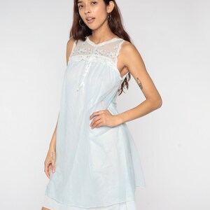 Baby Blue Nightgown 70s Lingerie Dress Embroidered Lace Bib Flowy Slip Dress Babydoll Pinup Mini Nightie Tent Trapeze 1970s Vintage Small S image 4