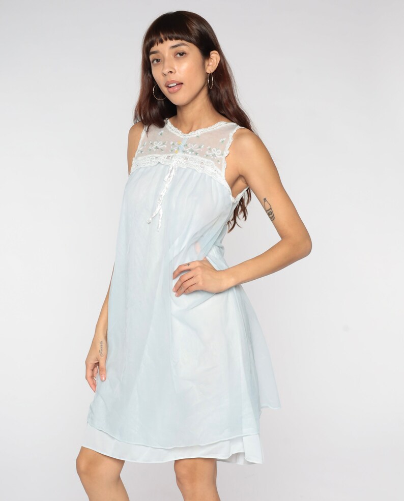 Baby Blue Nightgown 70s Lingerie Dress Embroidered Lace Bib Flowy Slip Dress Babydoll Pinup Mini Nightie Tent Trapeze 1970s Vintage Small S image 4
