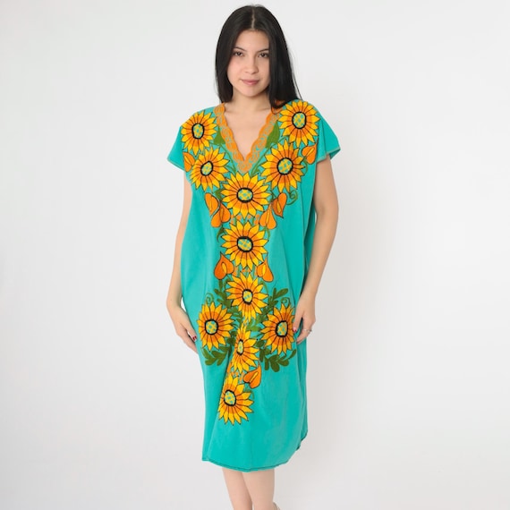 Floral Mexican Dress 90s Turquoise Embroidered Sunflower Midi Dress Hippie V Neck Tunic Bohemian Puebla Festival Vintage 1990s Large