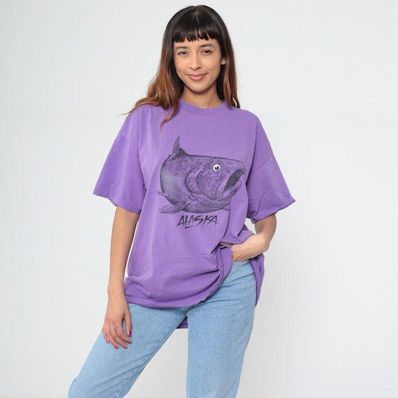 Purple Alaska Tee 90s Lavender Fish Graphic Cotton Tourist Souvenir Shirt Gorpcore Streetwear Vintage Plus Size Extra Extra Large XXL
