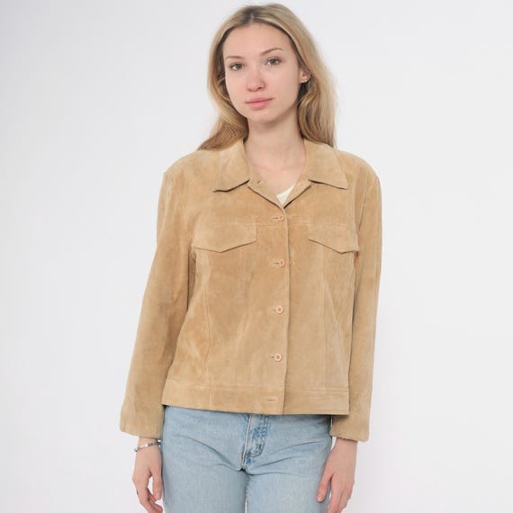 Y2K Suede Jacket Tan Beige Leather Button Front Cropped Coat Long Sleeve Collar Chest Pockets 90s Vintage Brown Camel Neutral Medium M