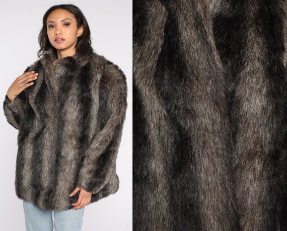 Faux Fur Coat 80s Brown Striped Fake Fur Jacket Vegan Bohemian Jacket Boho Furry Glam Rock Fuzzy Hippie Winter Vintage 1980s Mens Large L